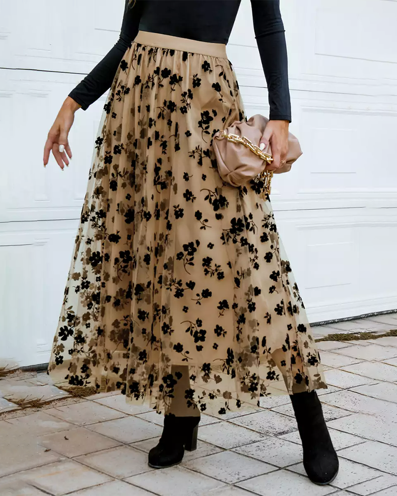 Elastic High Waist Layered Skirt Floral Print Mesh A-Line Midi Skirt - Khaki
