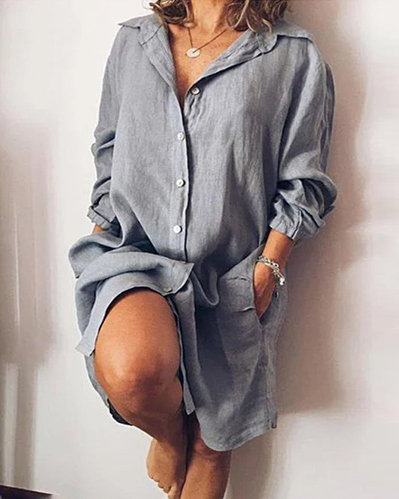 Zeagoo Women's Cotton and Linen Shirt Dress Casual Loose Pocket Midi Dresses - Grey M