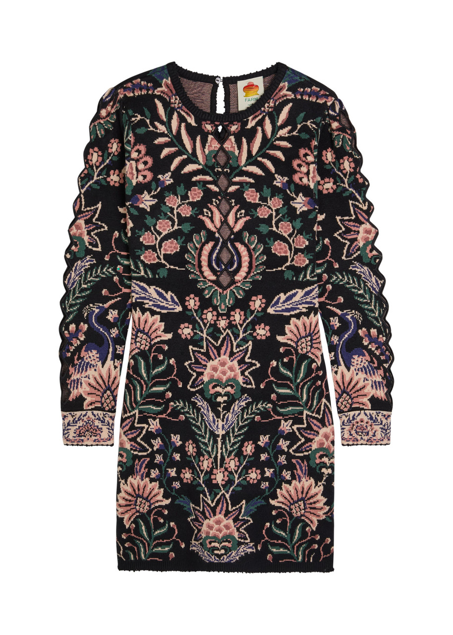 Farm Rio Marvelous Garden Floral-jacquard Knit Mini Dress - Black - S - S