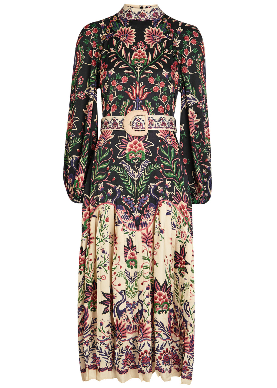 Farm Rio Marvelous Garden Floral-print Satin Midi Dress - Black - M M