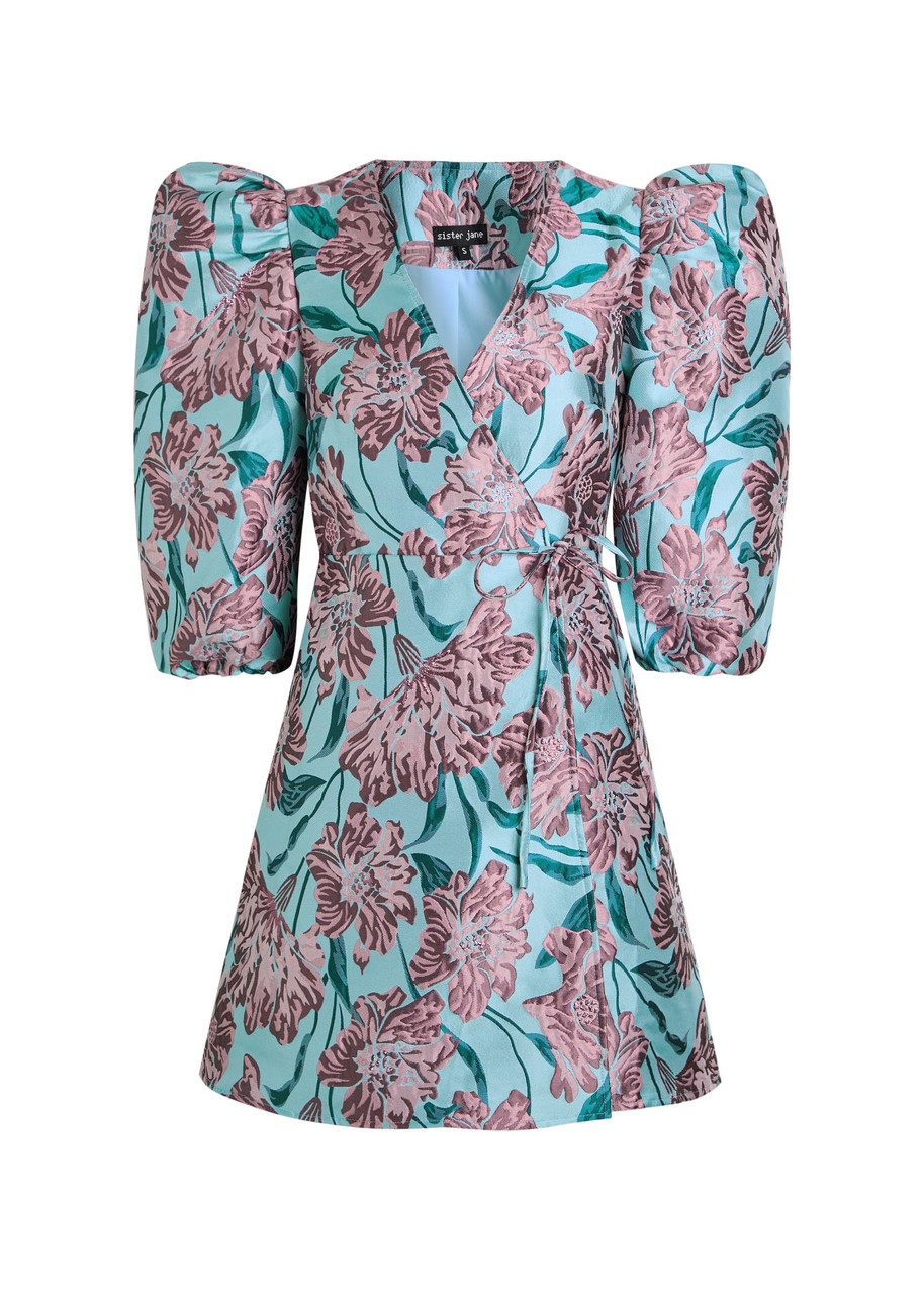 Sister Jane Deco Bloom Floral-jacquard Woven Mini Wrap Dress - Blue -