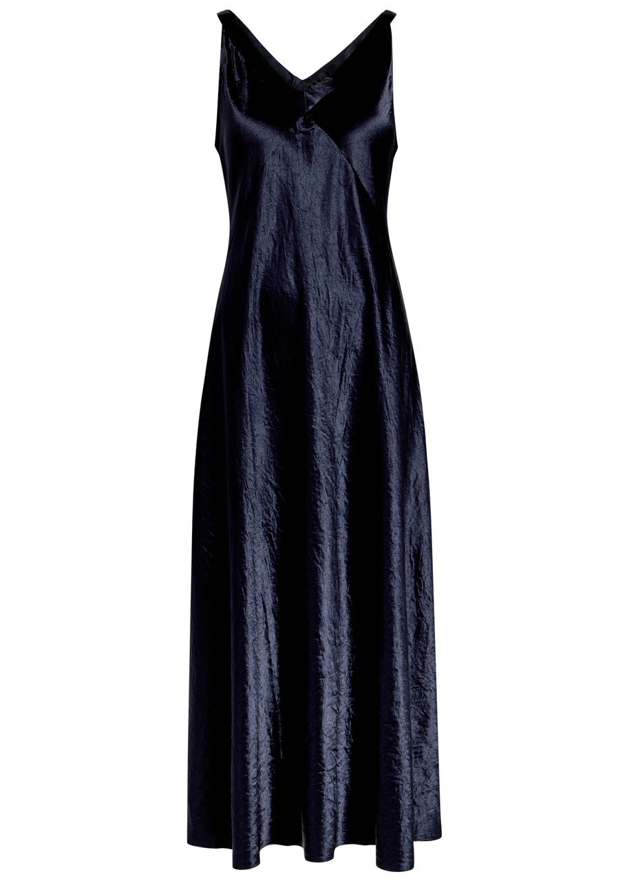 Eileen Fisher Crinkled Satin Midi Dress - Dark Blue - S - M