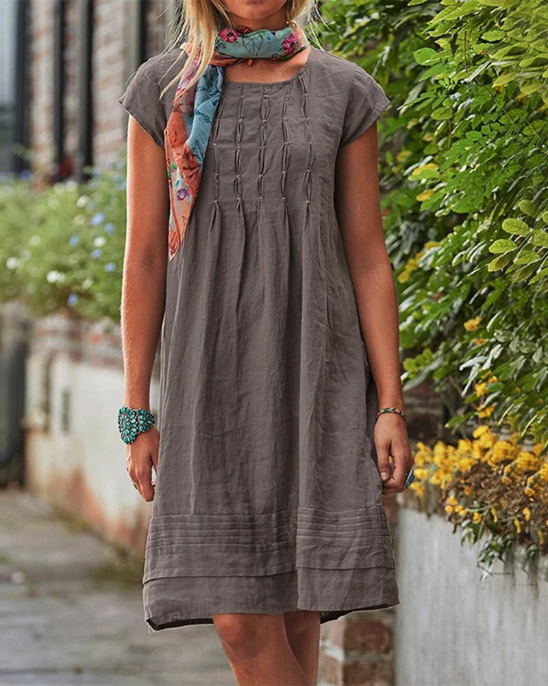 Knee Length Plain Crewneck Tunic Dress Ruched Short Sleeve Loose Pleated Sundress - Brown S