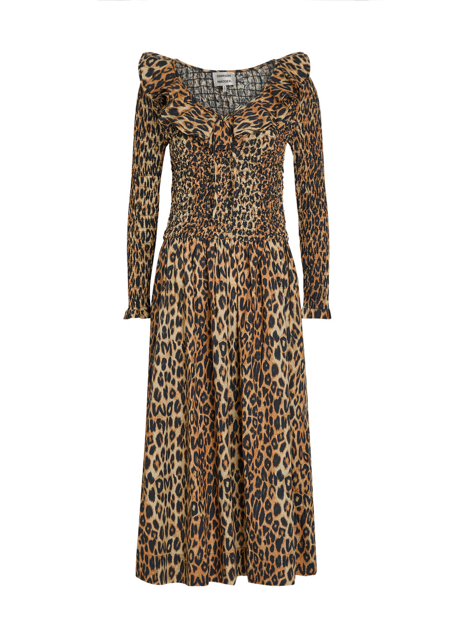 Damson Madder Harper Leopard Shirred Cotton-poplin Midi Dress -