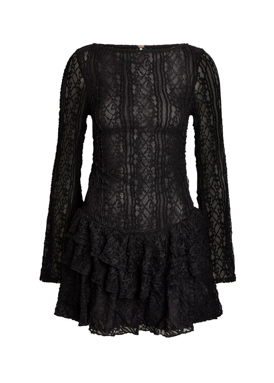 Free People Tabby Ruffled Lace Mini Dress - Black - L - L