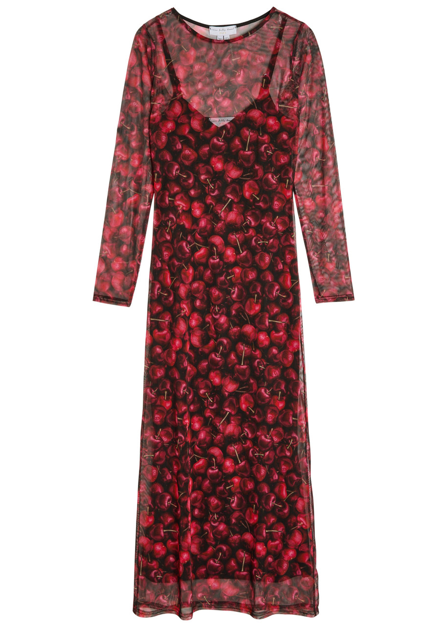 Never Fully Dressed Soho Cherry-print Mesh Midi Dress - Black Red - M