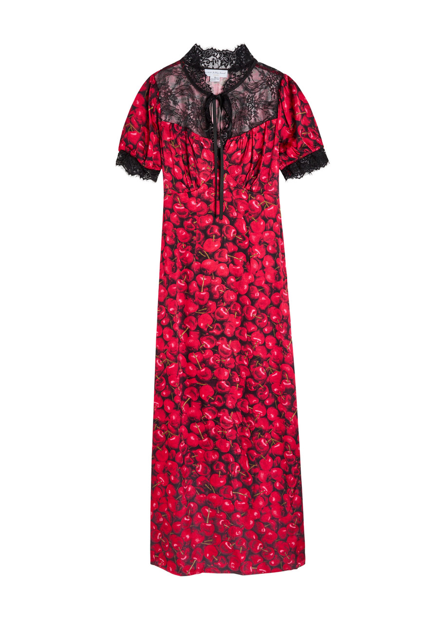 Never Fully Dressed Lyla Cherry-print Lace and Satin Midi Dress - Black Red - S