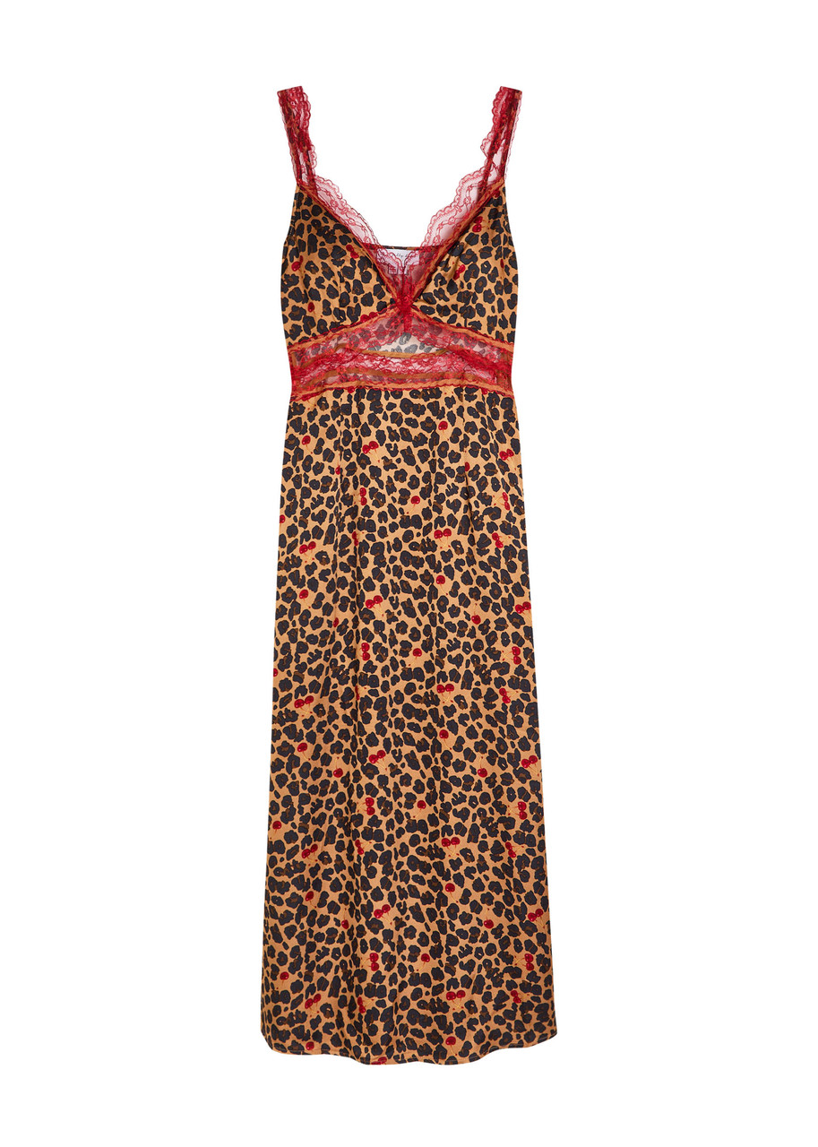 Never Fully Dressed Mimi Cherry and Leopard-print Satin Midi Dress - S