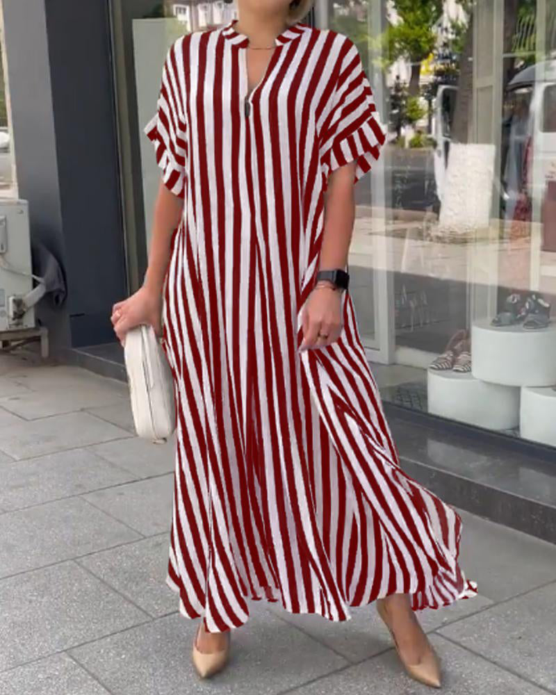 Vintage Pattern Print Boho Long Dress Elegant V Neck Short Sleeve Loose Maxi Dresses - Red