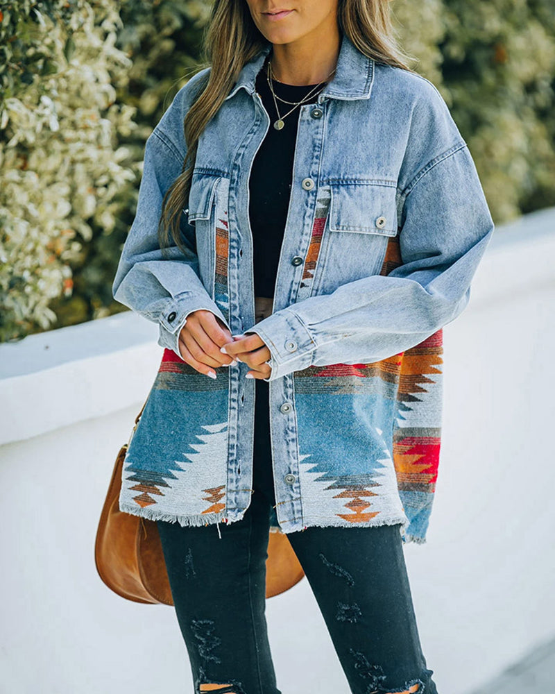 Zeagoo Aztec Lapel Long Sleeve Retro Western Denim Jacket - Blue M