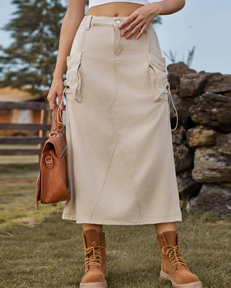 Zeagoo Women's Casual High Waist Denim Midi Skirt Drawstring Adjustable Long Jeans Skirt with Pockets - Khaki S