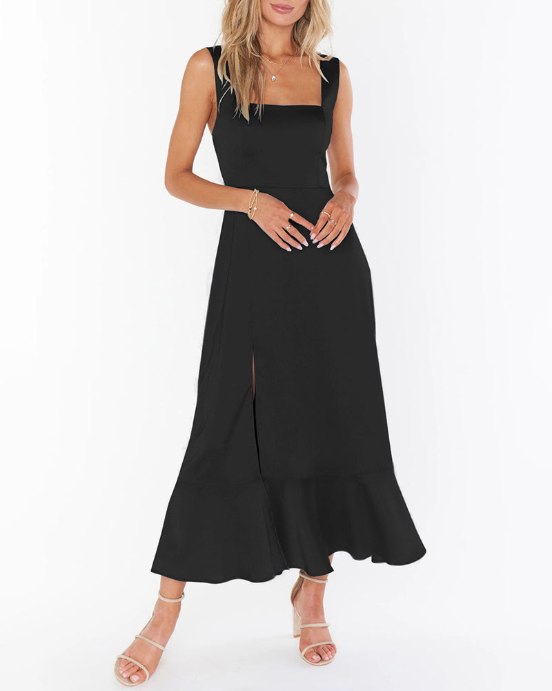 Tie-straps Ruffled Square Collar Sleeveless Slit Mid-length Dress - Black