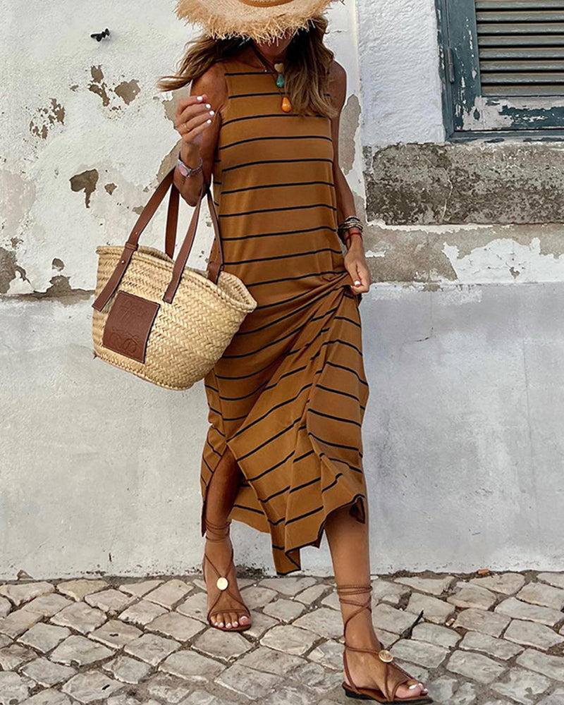 Striped Printed Sundress Round Neck Sleeveless High Waist Slim Low Neck Long Dress - Brown