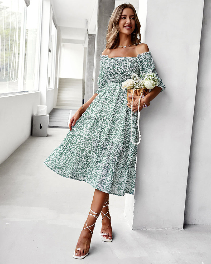 Short Sleeve Off Shoulder Floral Dress Slim Fit Casual Ruched Dresses - Light Green