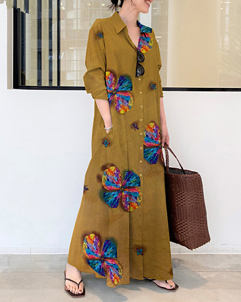 Lapel Long Sleeve Long Shirt Dress butterfly Printed Loose Plus Size Maxi Dresses - Yellow