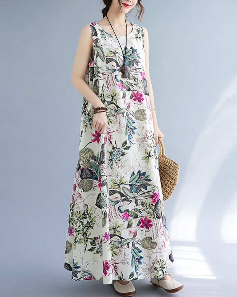 Sleeveless Beach Dress Vintage Loose Floral Print Maxi Dress - Rose Red
