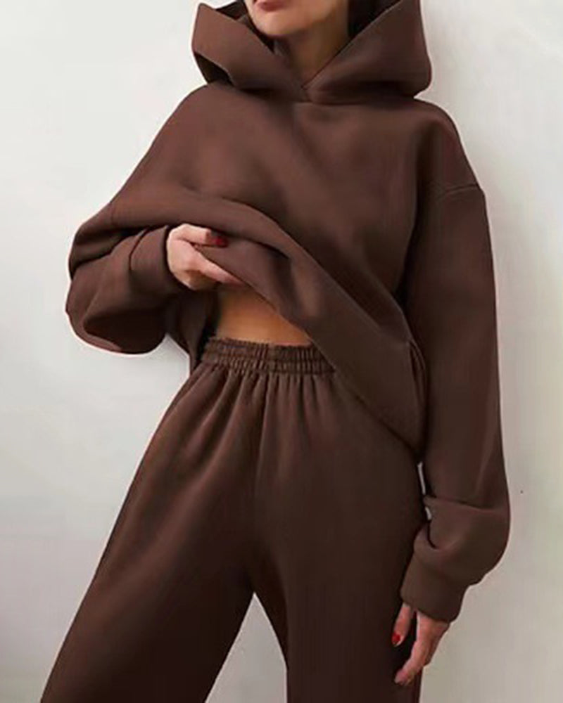 Zeagoo Casual Solid Color Long Sleeve Hooded Sports Suit Hoodie Sweatshirt Two Piece Set - Coffee