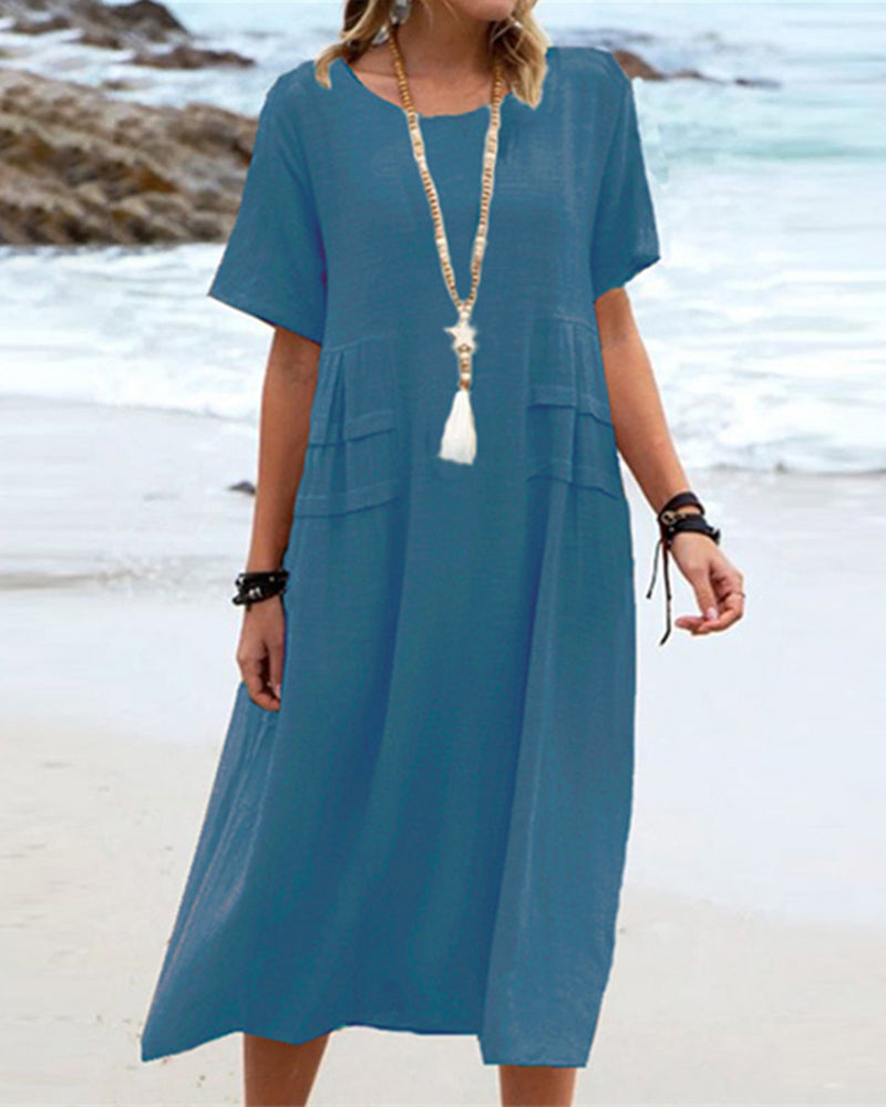 Solid Color Round Neck Short Sleeve Midi Dress Summer Holiday Casual Maxi Sundress - Blue