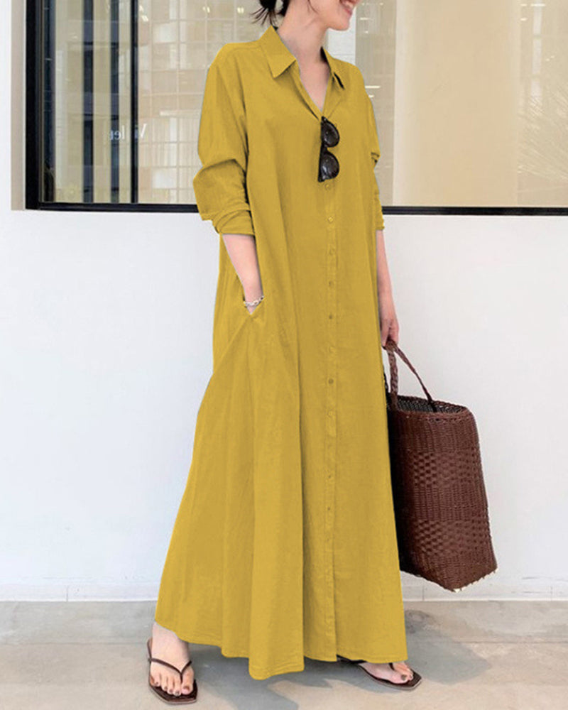 Zeagoo Women's Beach Casual Solid Color Loose Temperament Long Shirt Dress - Yellow M