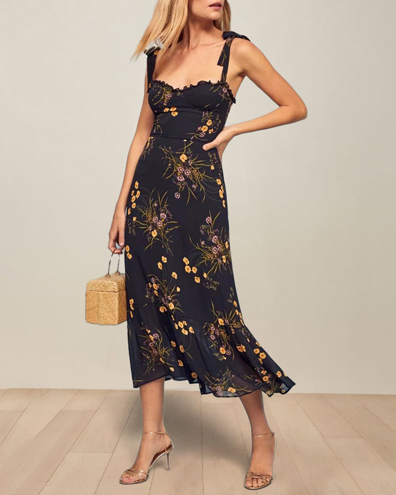 Vintage Floral Dress Frill Neck Sleeveless Strap Tie Ruffle Hem Beach Dress - Navy blue