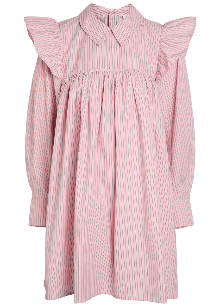 Ganni Striped Cotton-poplin Mini Shirt Dress - Light Pink - S