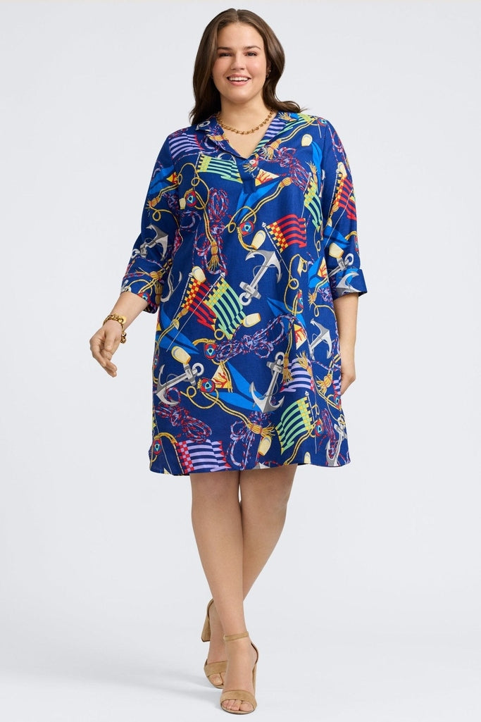 Sloane Plus Linen Nautical Flags Sleeve Dress