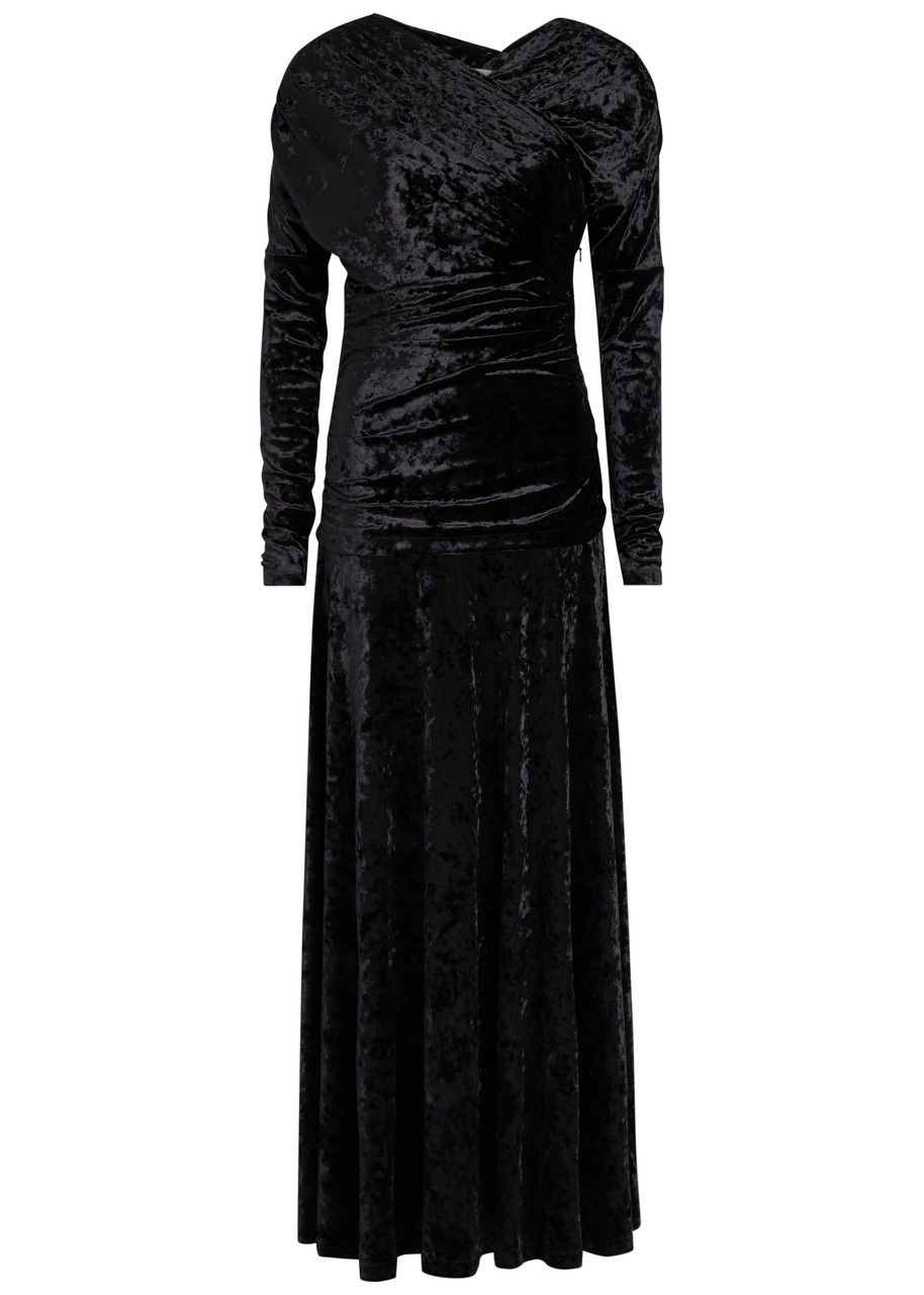Ganni Ruched Asymmetric Velour Maxi Dress - Black -