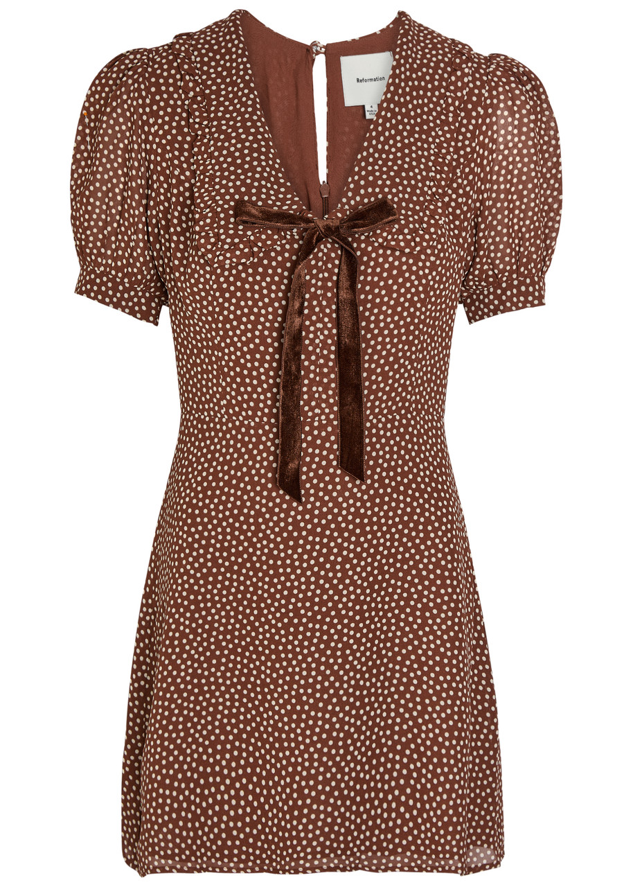 Reformation Kaylia Polka-dot Appliqud Chiffon Mini Dress - Brown - X