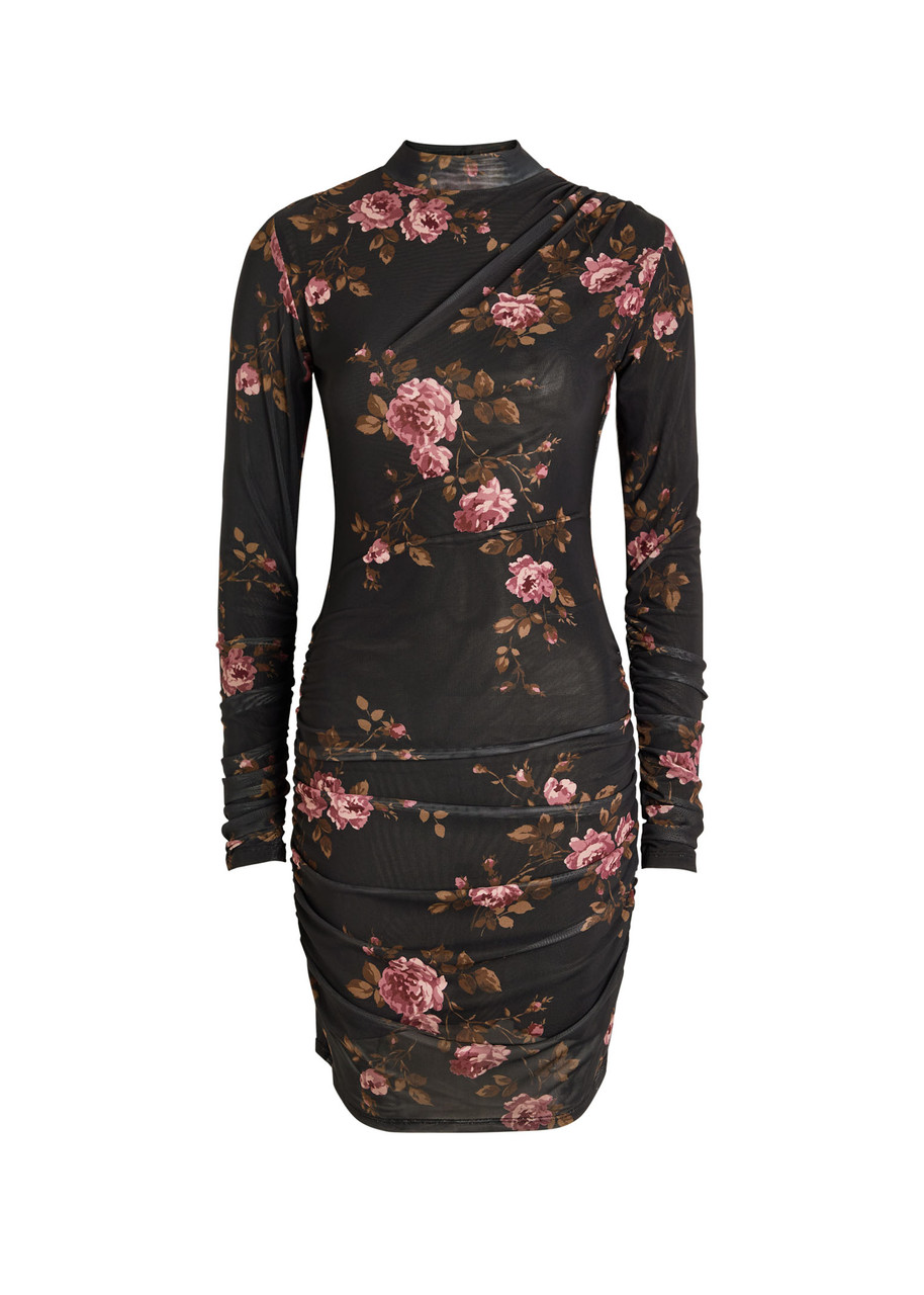 Reformation Emerson Floral-print Ruched Mesh Mini Dress - Black - L L
