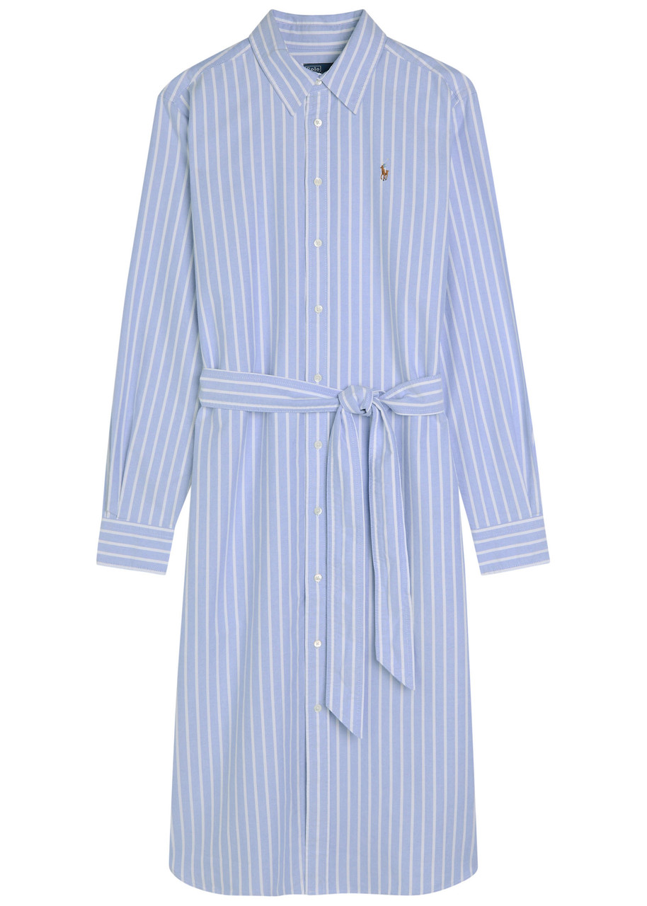 Polo Ralph Lauren Striped Belted Cotton Midi Shirt Dress - Blue - L