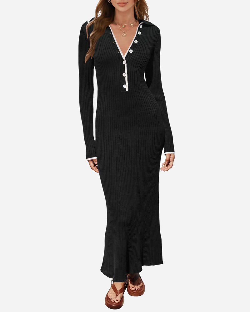 Turndown Collar Button Knit Slim Fit Maxi Dress - Black L-