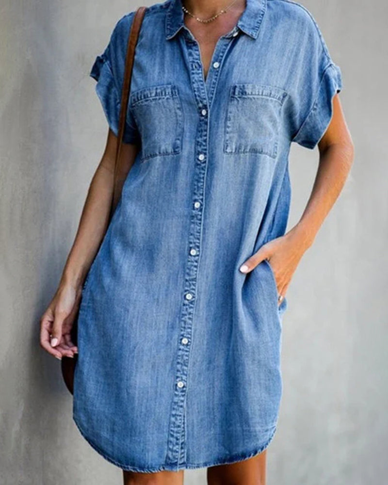 Zeagoo Women's Denim Shirt Dresses Short Sleeve V Neck Jean Dress Button Down Casual Loose Fit Tunic Tops with Pockets - Blue