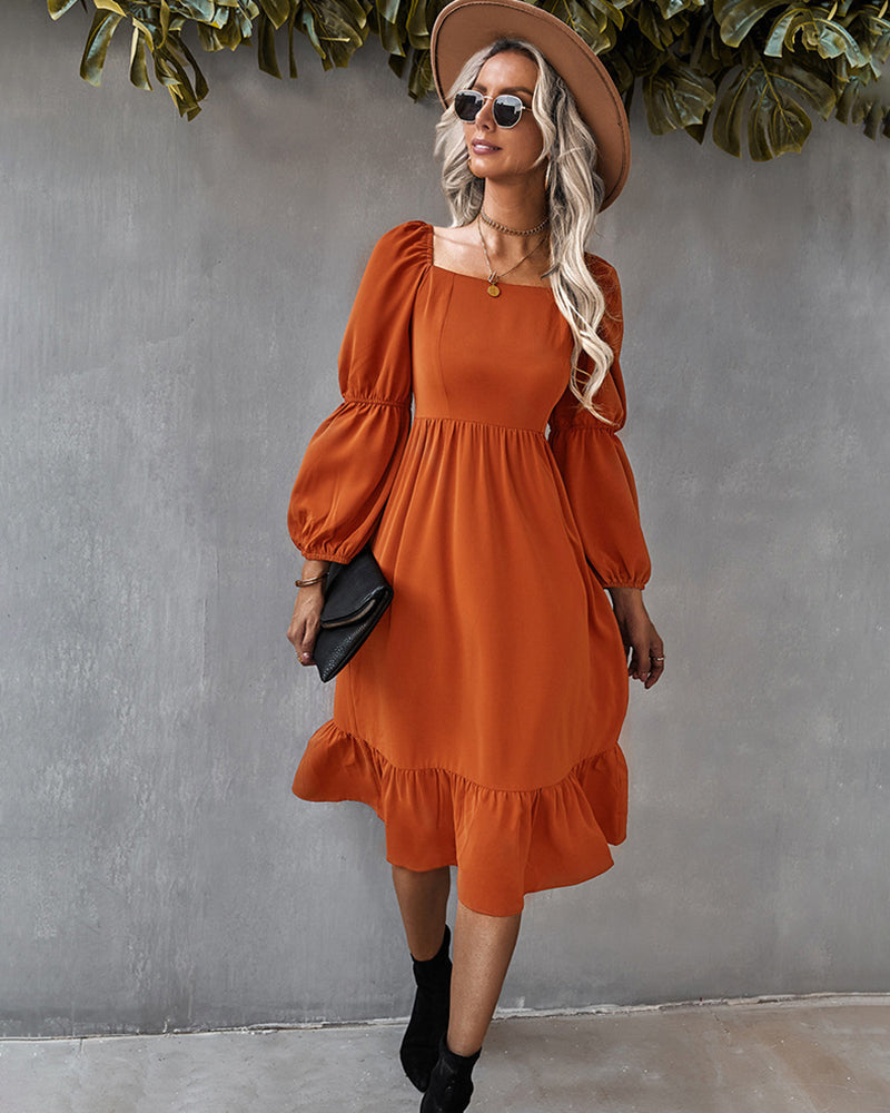 Solid Square Neck Bishop Sleeve Flounce Hem Dress - Orange M