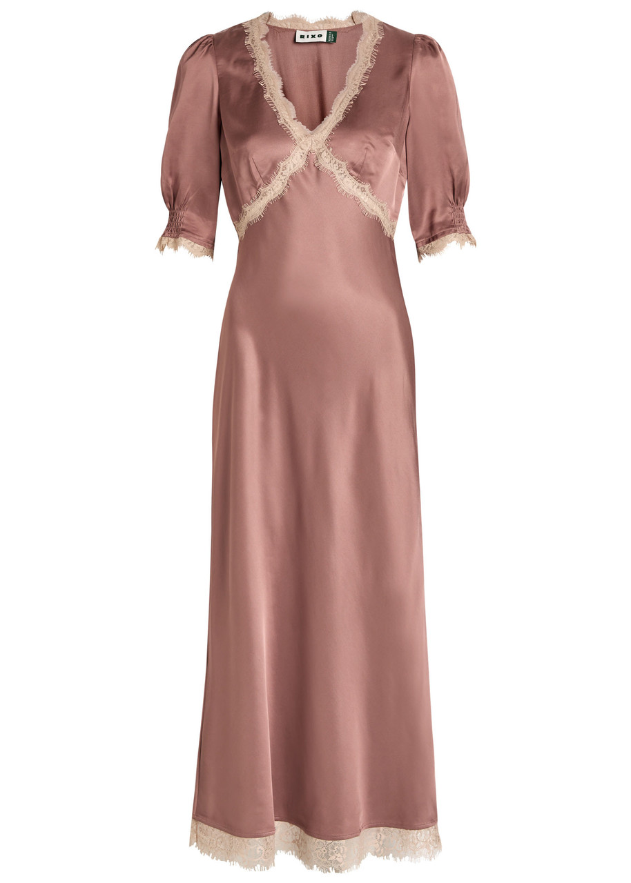 Rixo Annina Lace-embellished Satin Midi Dress - Light Brown -