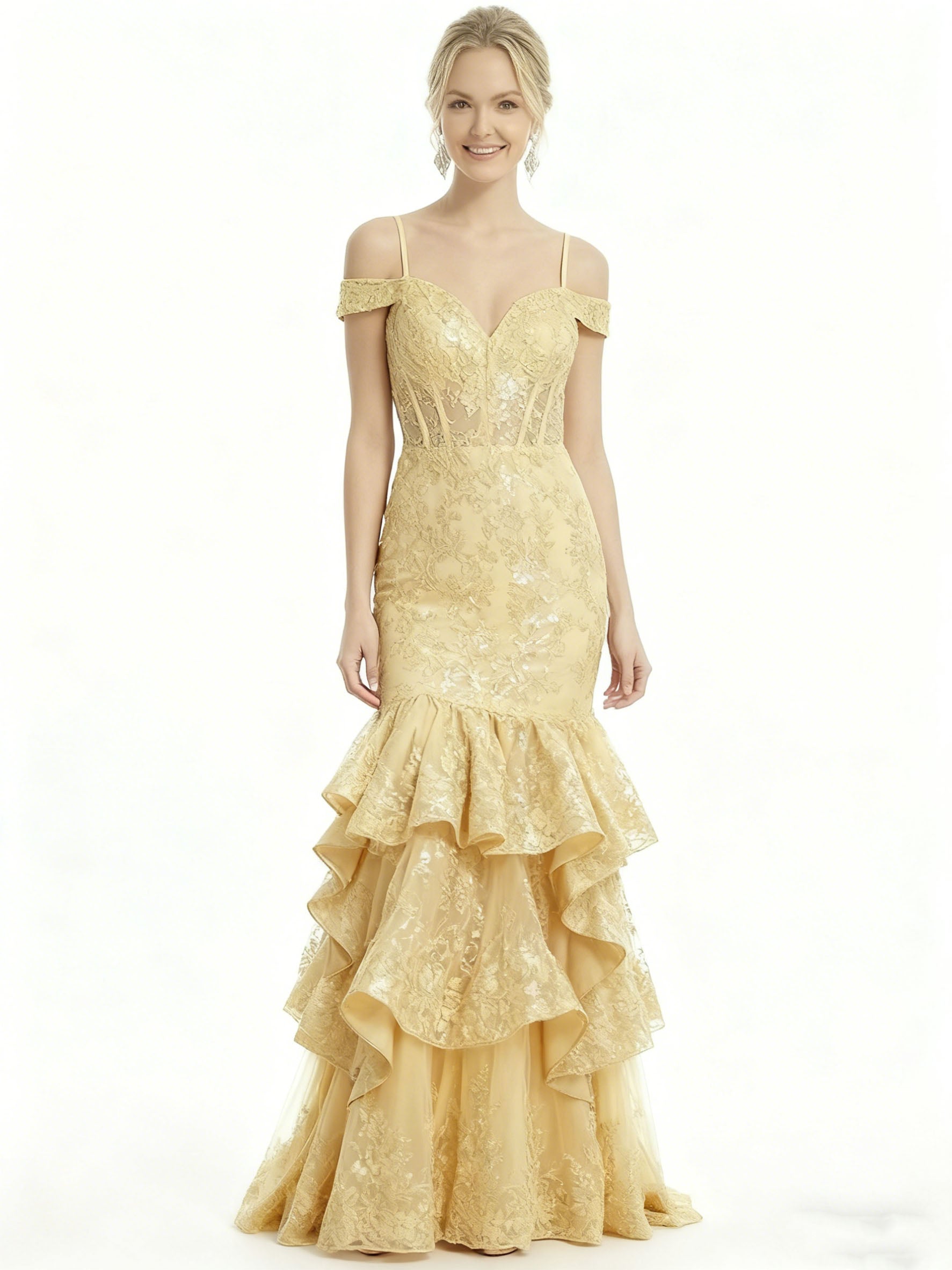 Elegant Cold Shoulder Mermaid Prom Gown Classy Tiered Ruffle Lace Long Formal Dress