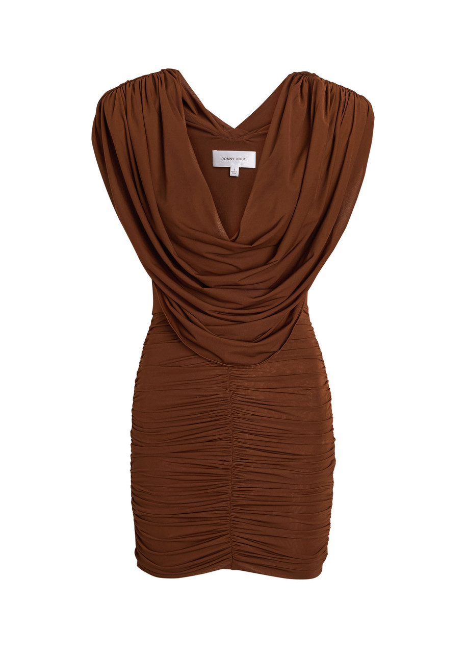Ronny Kobo Kehlani Cowl-neck Stretch-mesh Mini Dress - Brown - L L