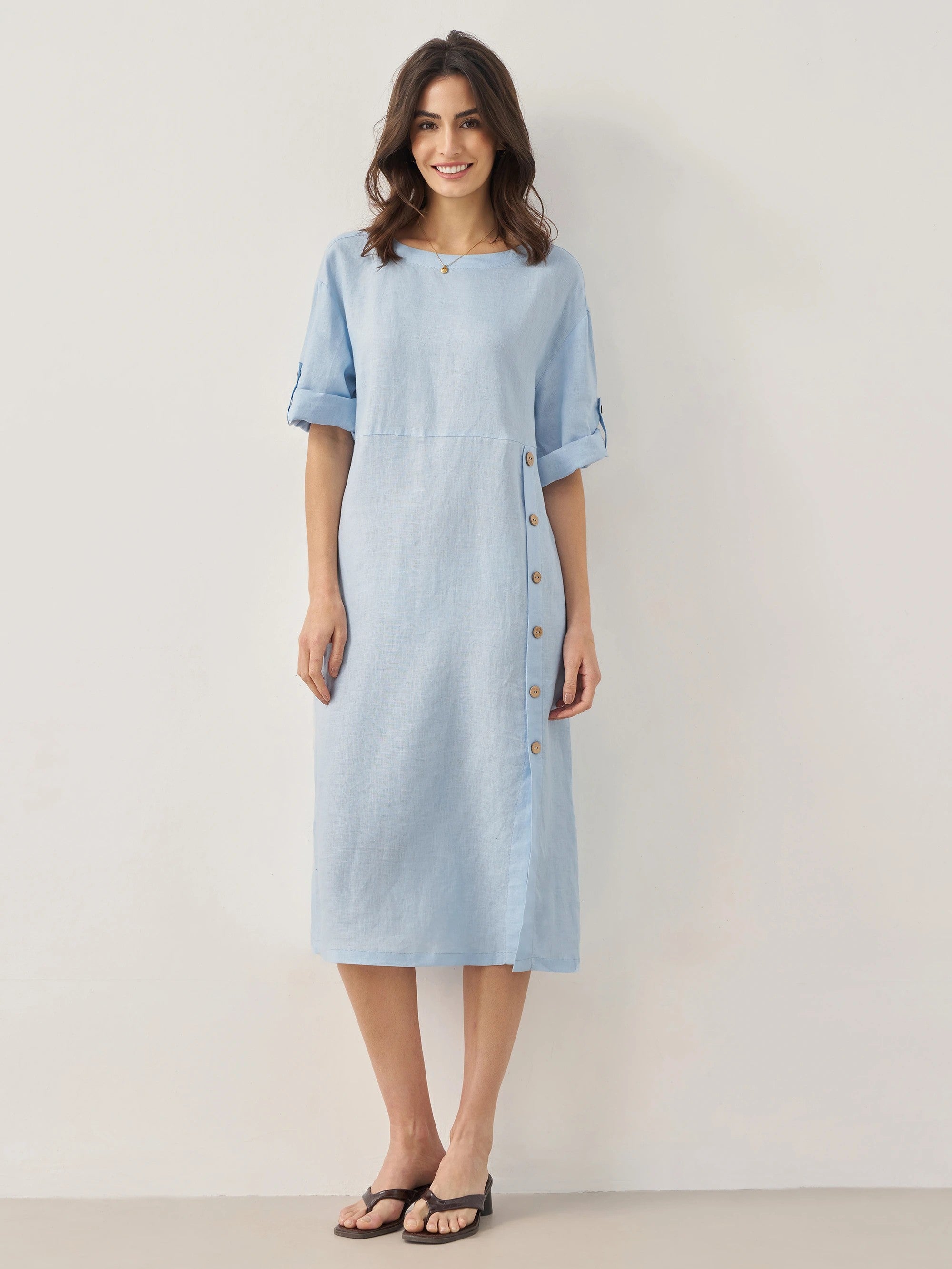 % Linen Round Neck Button Detail Midi Dress JELENA