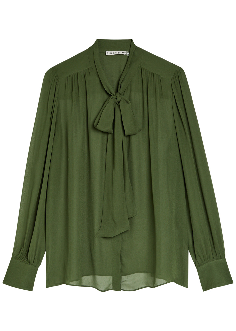 Alice + Olivia Thayer tie Neck Georgette Blouse - Dark Green - M M