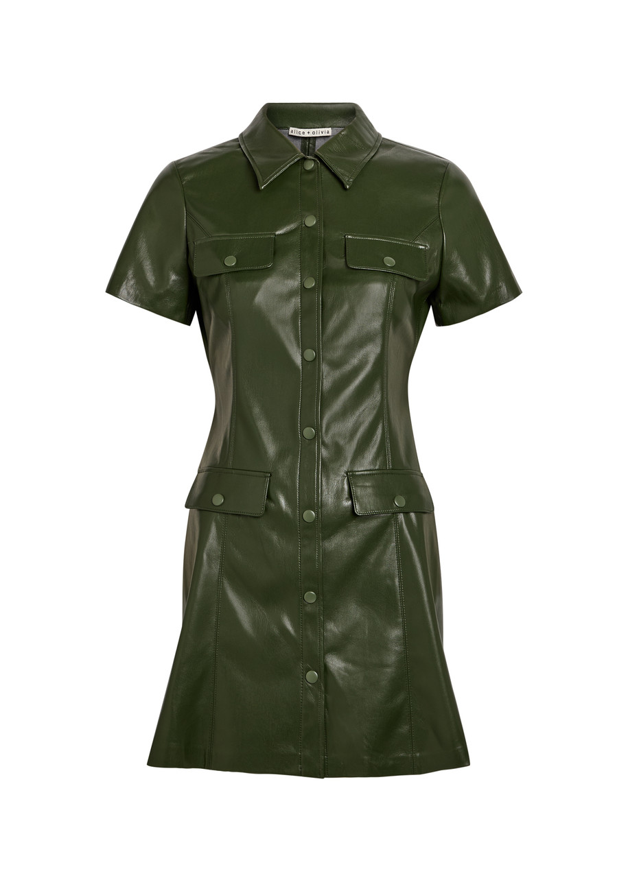 Alice + Olivia Jamie Faux Leather Mini Shirt Dress - Dark Green - S