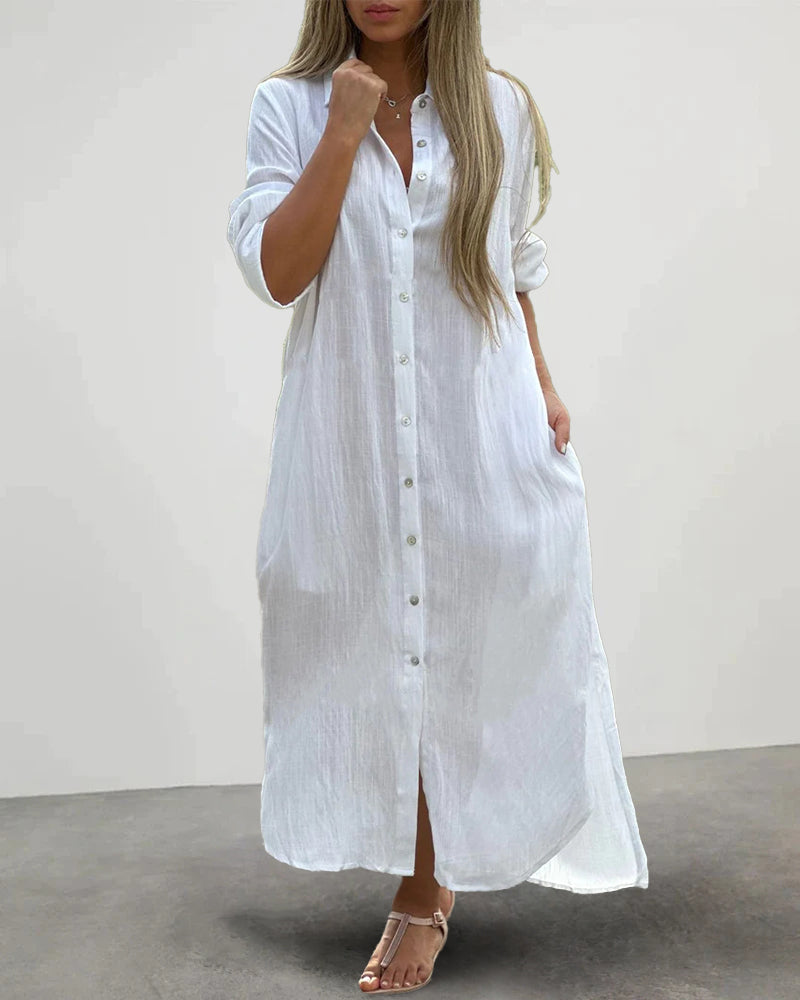 Zeagoo Women's Casual Collar Button Pocket Long Sleeve Shirt Dress - White M
