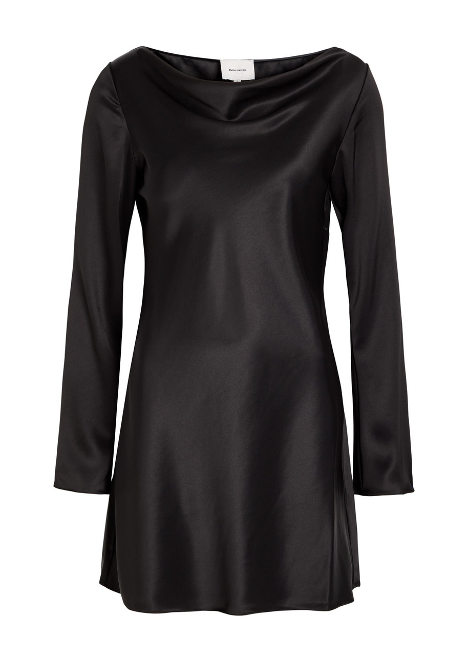 Reformation Pike Draped Satin Mini Dress - Black - L L