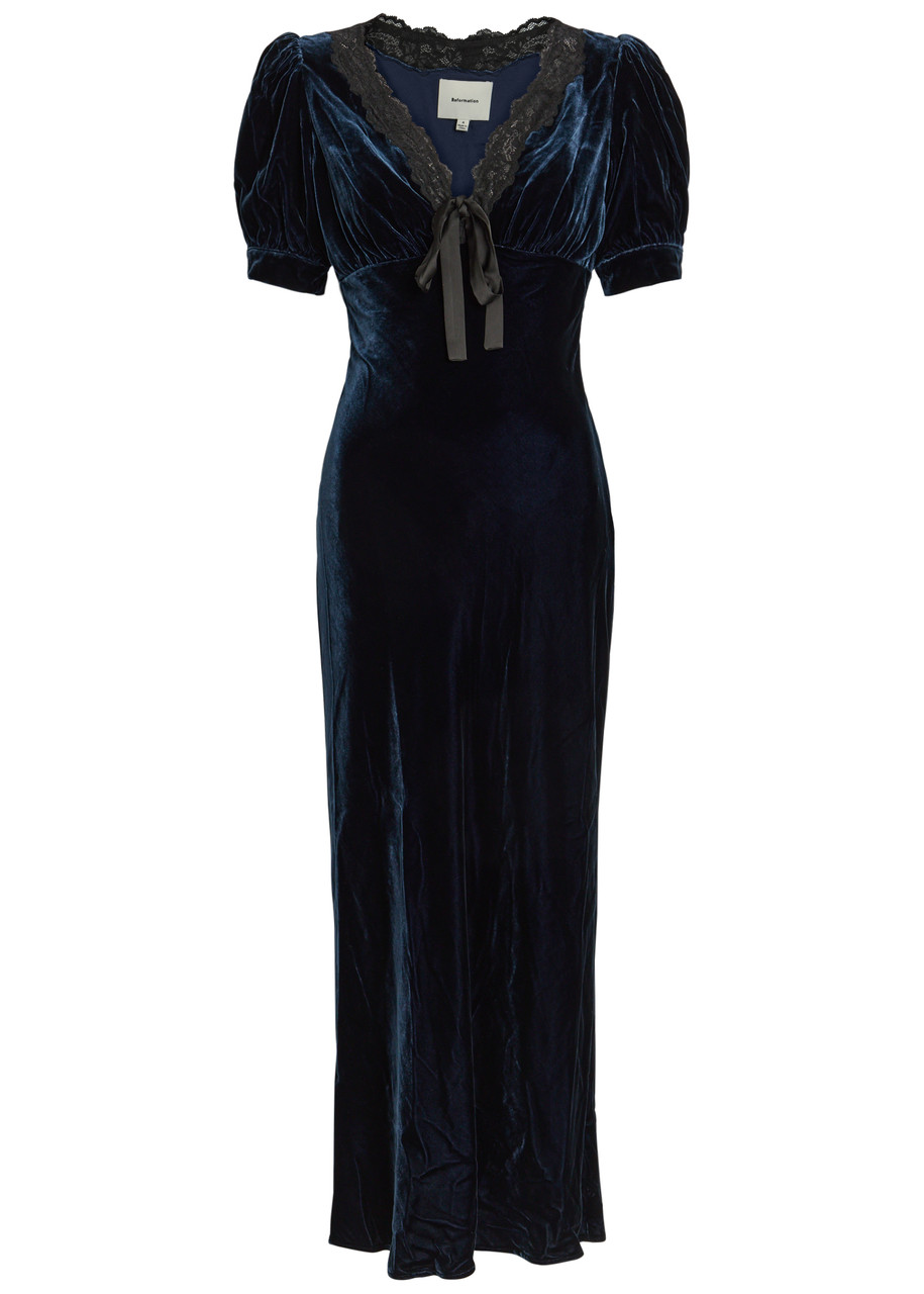 Reformation Camille Lace-trim Velvet Midi Dress - Dark Blue - M