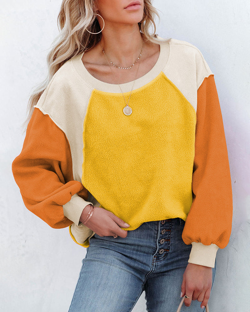 Zeagoo Colorblock Bishop Sleeve Sweatshirt Plush Stitching Jumper Crop Top - Yellow S