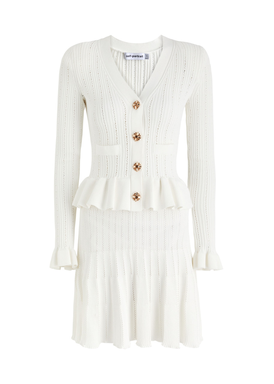 Self-portrait Peplum Ribbed-knit Mini Dress - White - M M