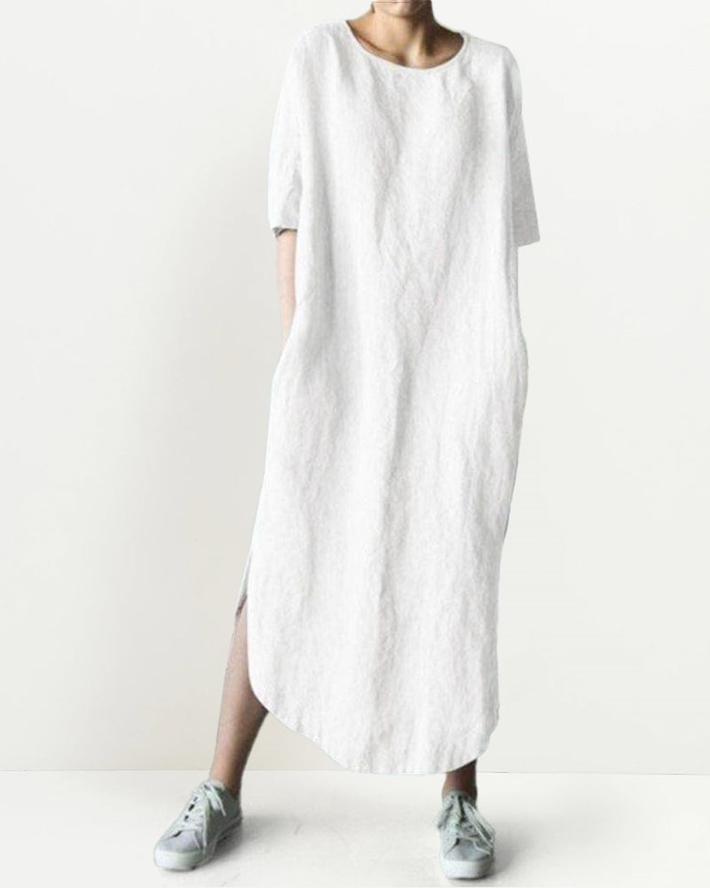 Loose O-Neck Casual Baggy Pockets Short Sleeve Split Long Dress - White S