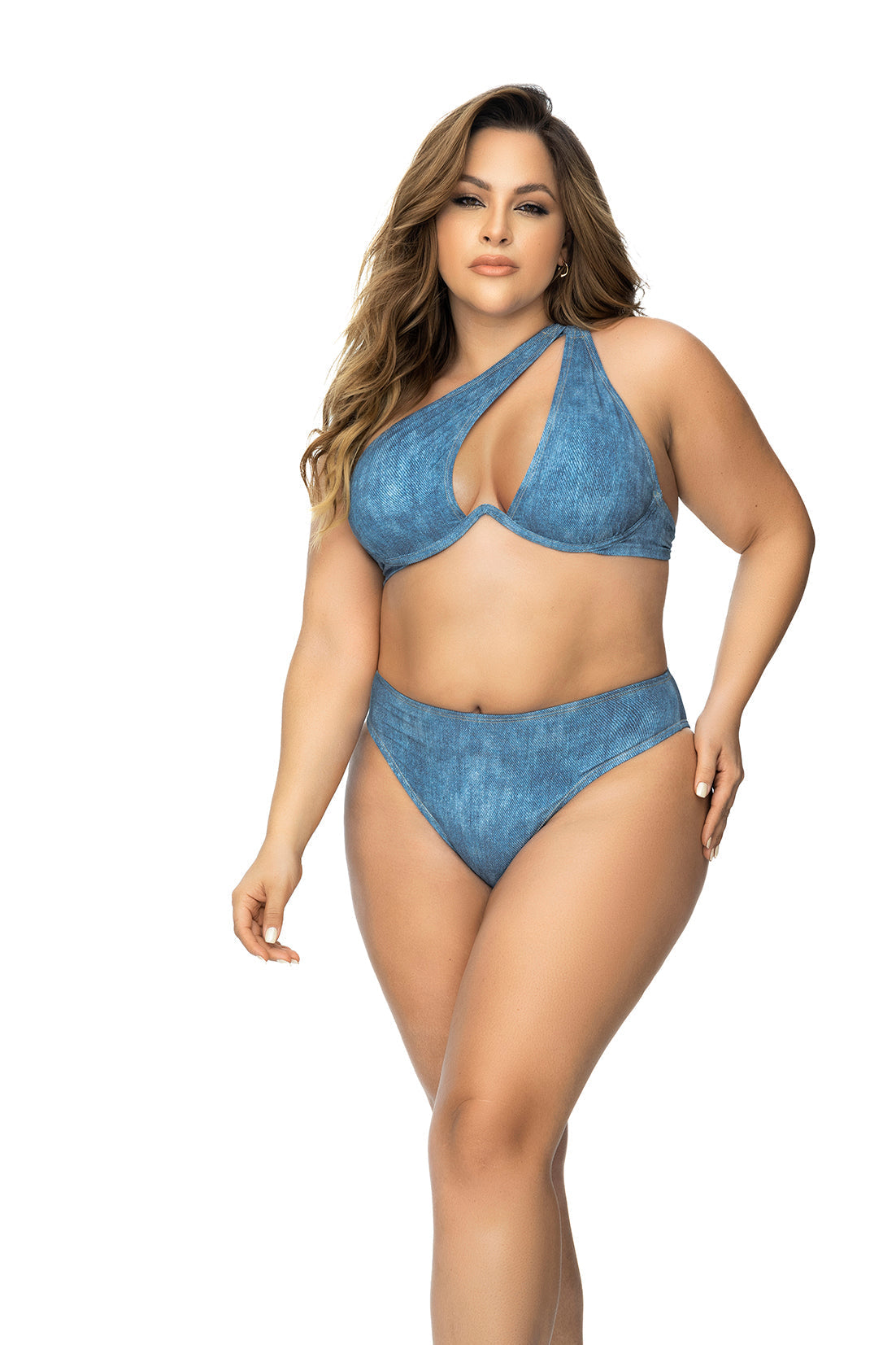 Mapale Multiway Denim Print Top and High-Waist Scrunchie Bottom Bikini Plus Size