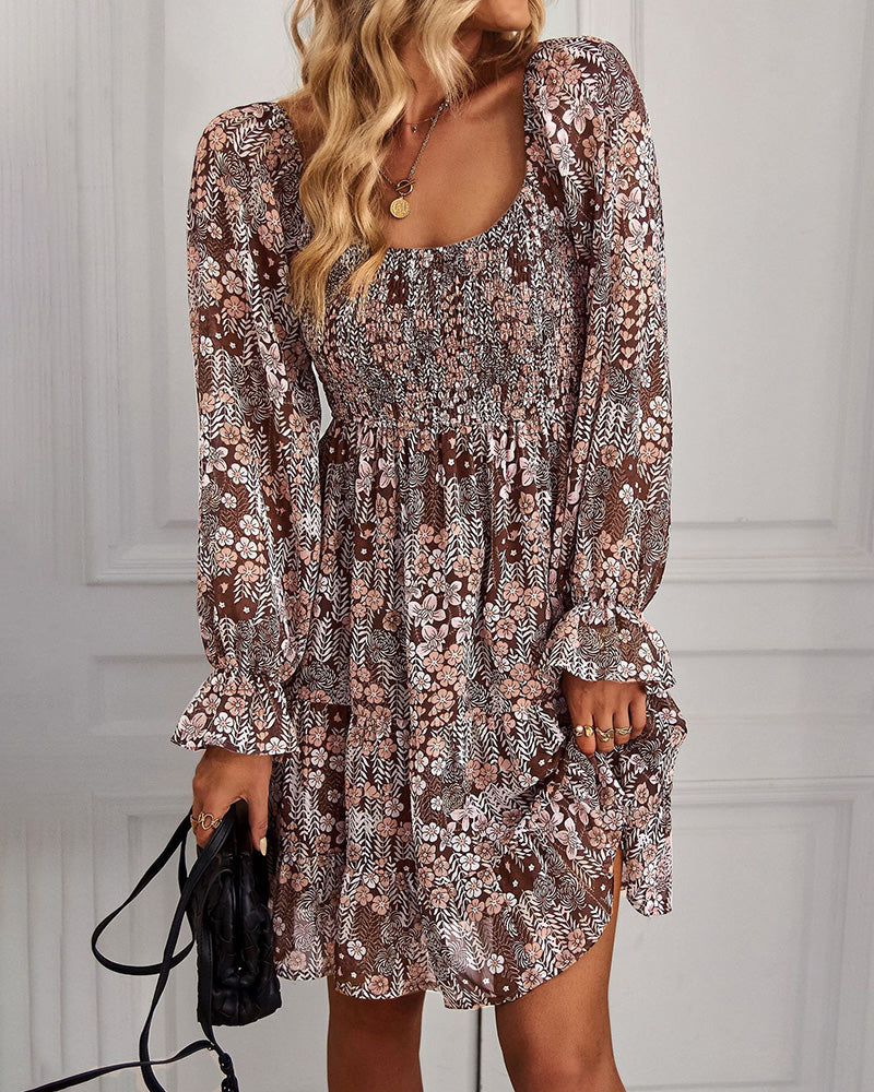 Ribbed Long Sleeve Chiffon Dress Crewneck Elegant Batwing Bohemian Floral Printed Dress - Brown L-