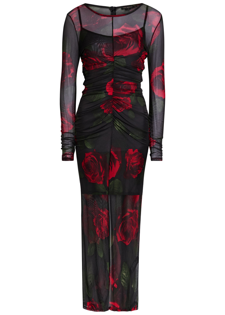 Good American Floral-print Ruched Mesh Maxi Dress - Dark Red