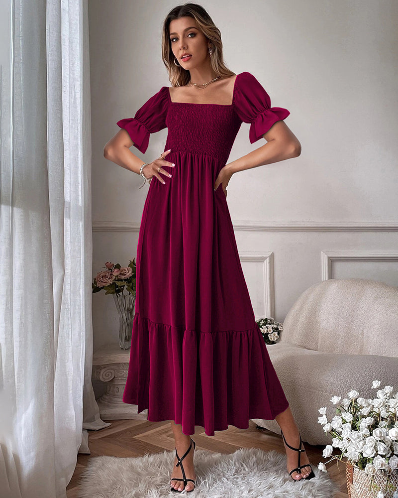 Ruffle Puff Sleeve Smocked Dress Square Neck Long Sleeve High Waist Flowy Maxi Dress - Wine Red S