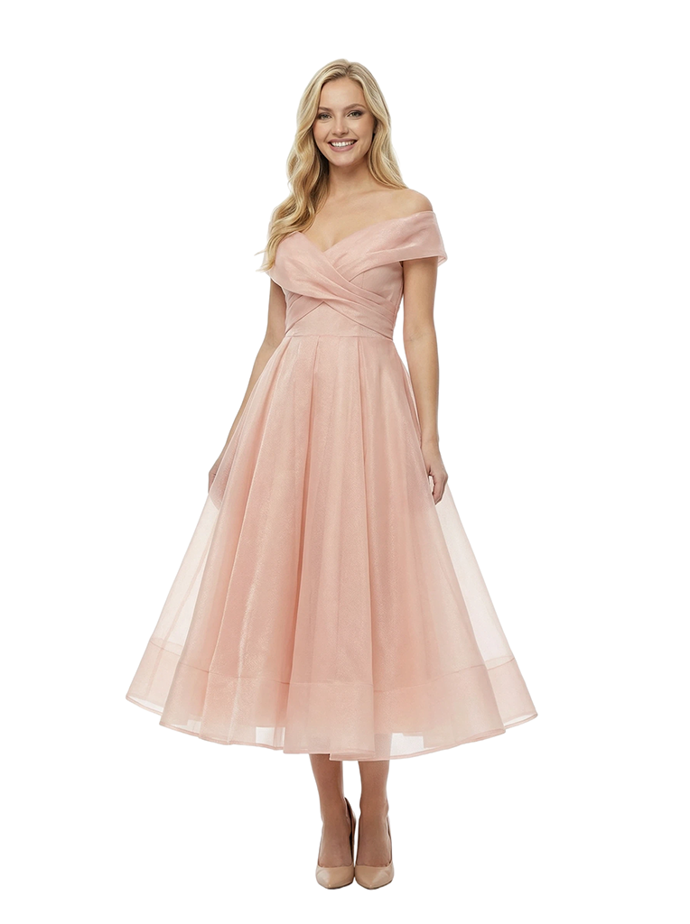 Chic Off the Shoulder Tea Length Prom Dress Modern Corset Bodice Flowy Tulle Classy Wrap Neck Formal Gown - Custom Colorleaving a note